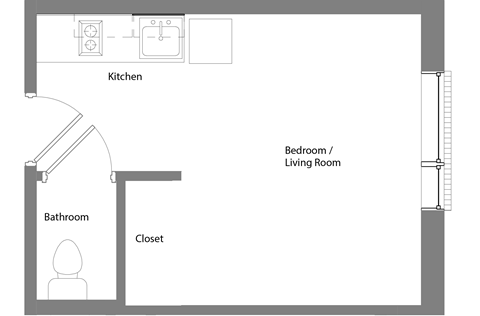 Floor plan for studio, 1 bath, 266 sqft